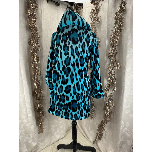 Betsey Johnson Teal Leopard Fleece Hooded Robe XS/S Blue Black Animal Print - Picture 5 of 11
